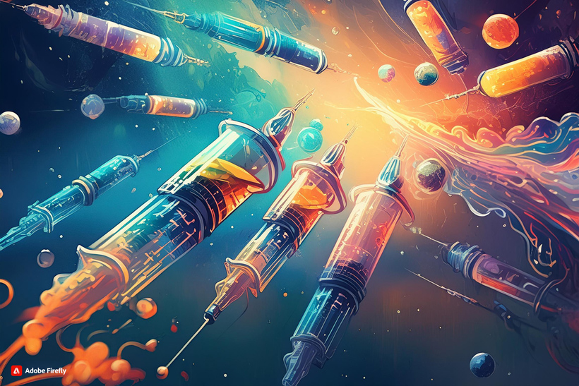 AI image of spaceships that look like hypodermic needles