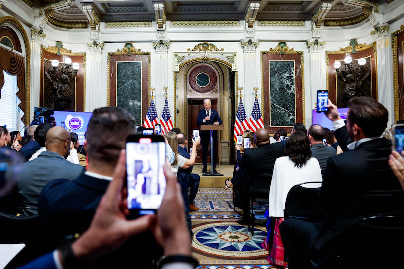 President Joe Biden speaks to participants of the White House Creator Economy Conference in the Indian Treaty Room in the Eisenhower Executive Office Building