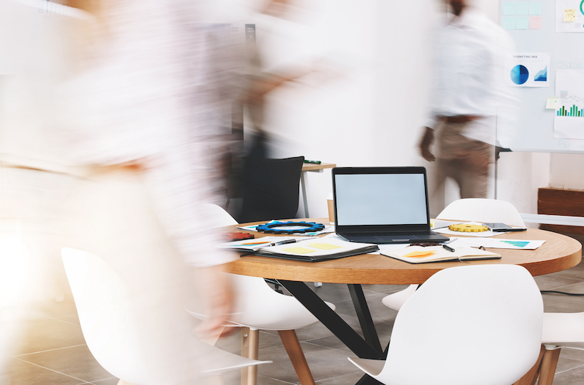 Laptop mockup, busy office and blurred background marketing agency, startup company and fast workplace