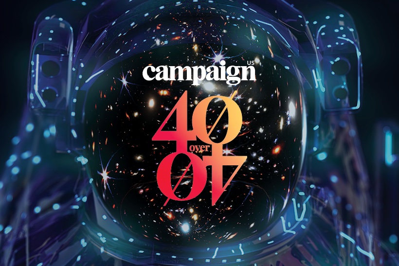 Campaign US 40 Over 40 logo superimposed over CGI astronaut suit