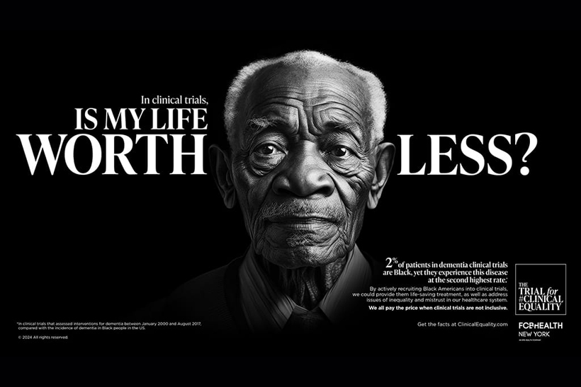 FCB Health New York poster with portrait of man with words "Is my life worth less?"