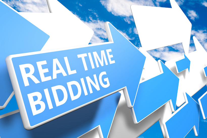 Real Time Bidding 3d render concept with blue and white arrows flying in a blue sky with clouds