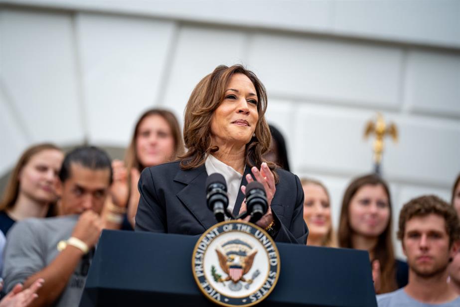 Vice President Kamala Harris speaks during an NCAA championship teams celebration on the South Lawn of the White House on July 22, 2024 in Washington, DC. 