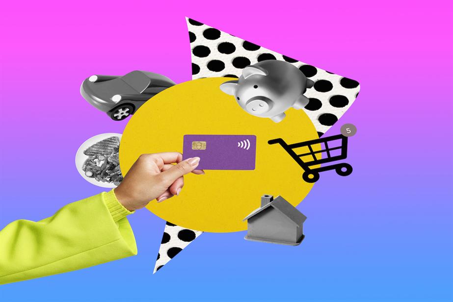 Multi-coloured graphic image of credit card surrounded by car, piggy bank, shopping trolley 