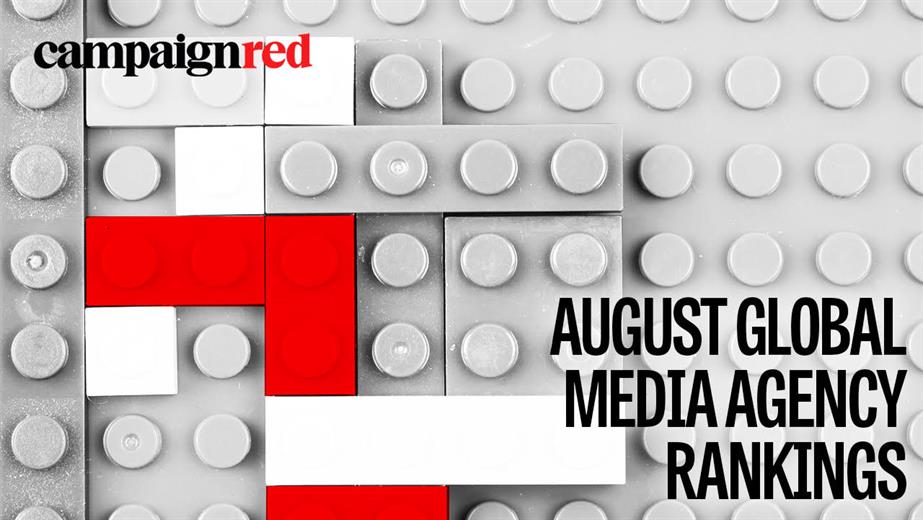 Lego blocks in black, white, and red overlaid with text saying "August global media agency rankings" 