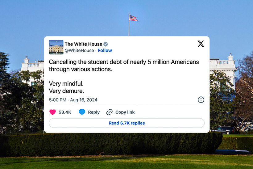 Picture of the White House with tweet from White House Twitter account super imposed over it