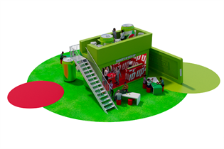 Graphic of 7UP pop-up "The Coolbox", depicting an installation decorated to reflect the soft drink's branding